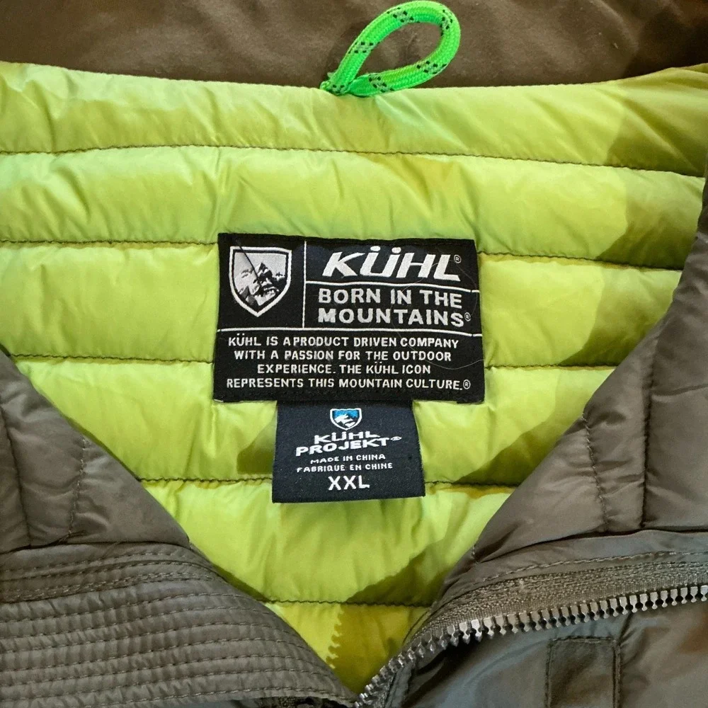 Kuhl Projerkt Down Puffer Jacket Mens XXL Olive Green Full Zip Coat Outdoor